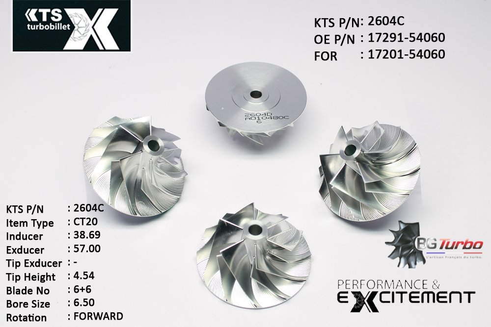 Turbo ROUE FORGÉE MFS PERFORMANCE - 6+6 PALES - INDUCER : 38,69 - EXDUCER : 57 - TYPE : CT20ANGLE : 45° - ROTATION : Forward - SUPER BACK : 0,53 - BORE SIZE : 6,5
